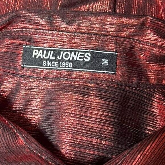Paul Jones Men's Red Metallic 70's Disco Shirt Long Sleeve Button Down Size Medi - Picture 4 of 6